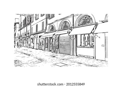 Building view with landmark of Imola is the 
city in Italy. Hand drawn sketch illustration in vector.