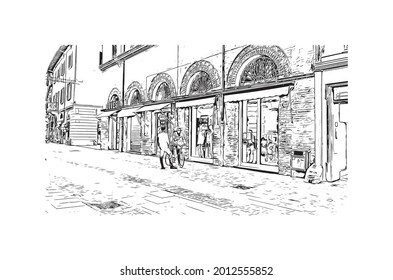 Building view with landmark of Imola is the 
city in Italy. Hand drawn sketch illustration in vector.