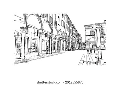 Building view with landmark of Imola is the 
city in Italy. Hand drawn sketch illustration in vector.