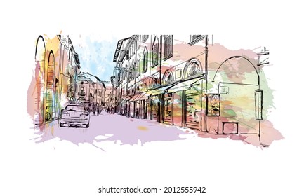 Building view with landmark of Imola is the 
city in Italy. Watercolor splash with hand drawn sketch illustration in vector.