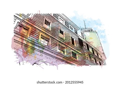 Building view with landmark of Imola is the 
city in Italy. Watercolor splash with hand drawn sketch illustration in vector.