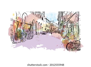 Building view with landmark of Imola is the 
city in Italy. Watercolor splash with hand drawn sketch illustration in vector.
