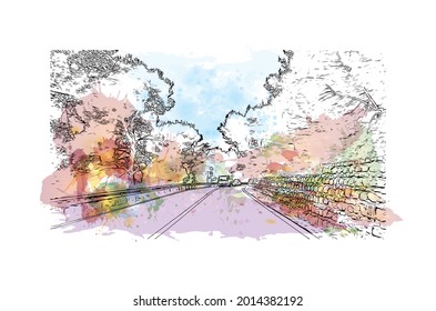 La vista de edificio con punto de referencia de Imperia es 
ciudad de Italia. Salto de color de agua con ilustración de esbozo dibujada a mano en vector.