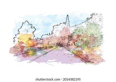 Building view with landmark of Imperia is the 
city in Italy. Watercolor splash with hand drawn sketch illustration in vector.
