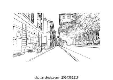 Building view with landmark of Imperia is the 
city in Italy. Hand drawn sketch illustration in vector.