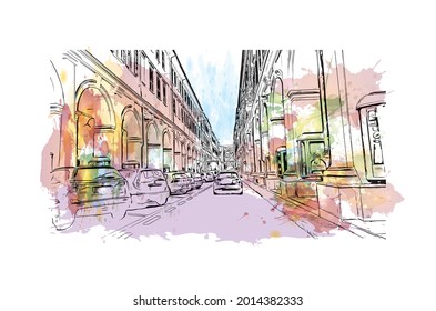 Building view with landmark of Imperia is the 
city in Italy. Watercolor splash with hand drawn sketch illustration in vector.