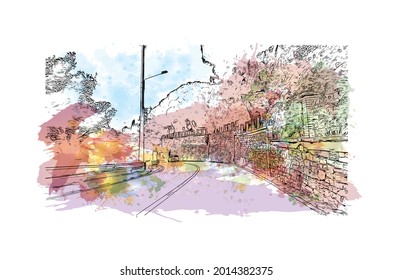 Building view with landmark of Imperia is the 
city in Italy. Watercolor splash with hand drawn sketch illustration in vector.