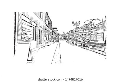 Building view with landmark of Incheon's Chinatown is Korea's only official Chinatown. Hand drawn sketch illustration in vector.