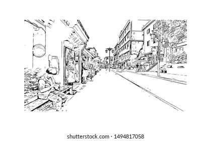 Building view with landmark of Incheon's Chinatown is Korea's only official Chinatown. Hand drawn sketch illustration in vector.