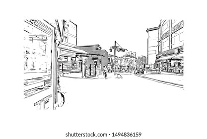 Building view with landmark of Incheon's Chinatown is Korea's only official Chinatown. Hand drawn sketch illustration in vector.