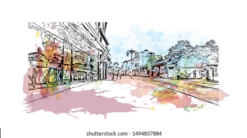 Building view with landmark of Incheon's Chinatown is Korea's only official Chinatown. Watercolor splash with Hand drawn sketch illustration in vector.