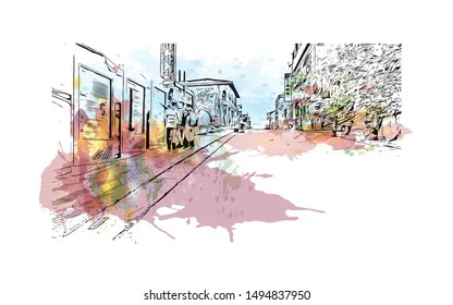 Building view with landmark of Incheon's Chinatown is Korea's only official Chinatown. Watercolor splash with Hand drawn sketch illustration in vector.