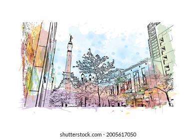 Building view with landmark of Indianapolis is the 
city in Indiana. Watercolor splash with hand drawn sketch illustration in vector.