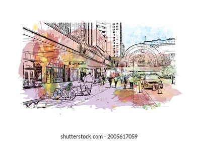Building view with landmark of Indianapolis is the 
city in Indiana. Watercolor splash with hand drawn sketch illustration in vector.