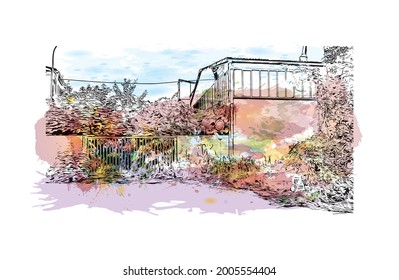 Building view with landmark of Ingolstadt is a city in Germany. Watercolor splash with hand drawn sketch illustration in vector.