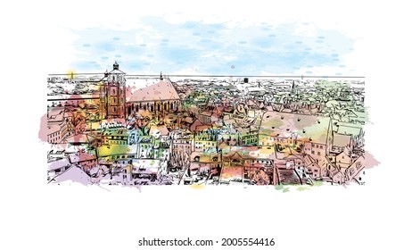 Building view with landmark of Ingolstadt is a city in Germany. Watercolor splash with hand drawn sketch illustration in vector.