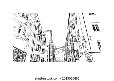 Building view with landmark of Innsbruck is the 
city in Austria. Hand drawn sketch illustration in vector.