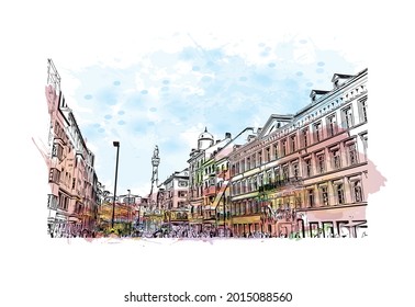 Building view with landmark of Innsbruck is the 
city in Austria. Watercolor splash with hand drawn sketch illustration in vector.