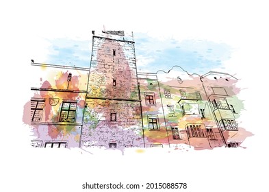 Building view with landmark of Innsbruck is the 
city in Austria. Watercolor splash with hand drawn sketch illustration in vector.