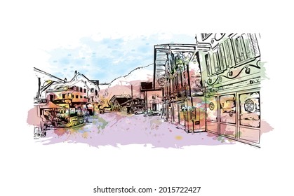 Building view  with landmark of Interlaken is the 
town in Switzerland. Watercolor splash with hand drawn sketch illustration in vector.