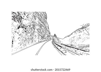 Building view  with landmark of Interlaken is the 
town in Switzerland. Hand drawn sketch illustration in vector.