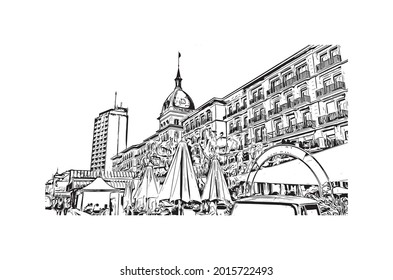 Building view  with landmark of Interlaken is the 
town in Switzerland. Hand drawn sketch illustration in vector.