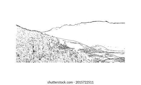 Building view  with landmark of Interlaken is the 
town in Switzerland. Hand drawn sketch illustration in vector.