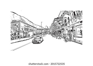 Building view  with landmark of Interlaken is the 
town in Switzerland. Hand drawn sketch illustration in vector.