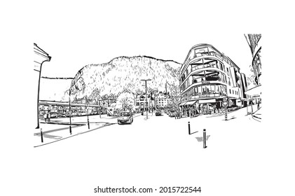 La vista de edificio con el punto de referencia de Interlaken es la 
ciudad de Suiza. Dibujo a mano de ilustración de esbozo en vector.
