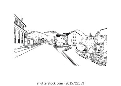 Building view  with landmark of Interlaken is the 
town in Switzerland. Hand drawn sketch illustration in vector.