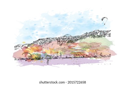 Die Bauansicht mit Wahrzeichen von Interlaken ist die 
Stadt in der Schweiz. Aquarellspritzer mit handgezeichneter Skizzengrafik in Vektorgrafik.