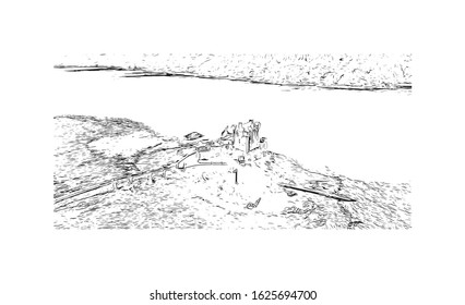 Building view with landmark of Inverness is a city on Scotland’s northeast coast, where the River Ness meets the Moray Firth. Hand drawn sketch illustration in vector.