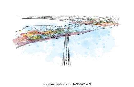 Building view with landmark of Inverness is a city on Scotland’s northeast coast, where the River Ness meets the Moray Firth. Watercolor splash with Hand drawn sketch illustration in vector.