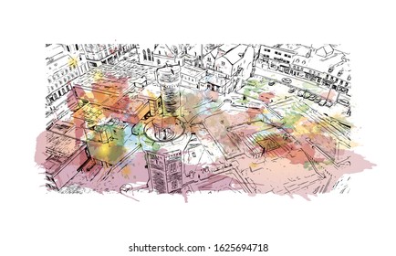 Building view with landmark of Inverness is a city on Scotland’s northeast coast, where the River Ness meets the Moray Firth. Watercolor splash with Hand drawn sketch illustration in vector.