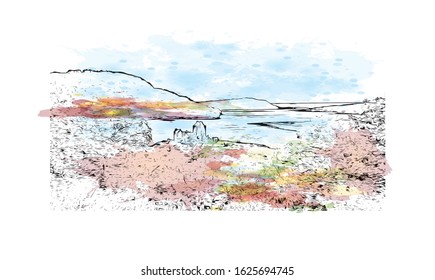 Building view with landmark of Inverness is a city on Scotland’s northeast coast, where the River Ness meets the Moray Firth. Watercolor splash with Hand drawn sketch illustration in vector.