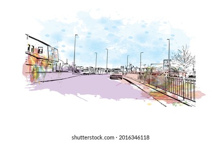Building view with landmark of Inverness is a city in Scotland. Watercolor splash with hand drawn sketch illustration in vector.