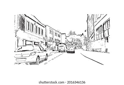 Building view with landmark of Inverness is a city in Scotland. Hand drawn sketch illustration in vector.