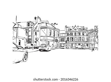 Building view with landmark of Inverness is a city in Scotland. Hand drawn sketch illustration in vector.