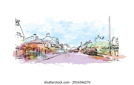 Building view with landmark of Inverness is a city in Scotland. Watercolor splash with hand drawn sketch illustration in vector.