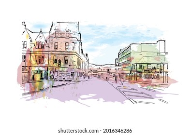 Building view with landmark of Inverness is a city in Scotland. Watercolor splash with hand drawn sketch illustration in vector.