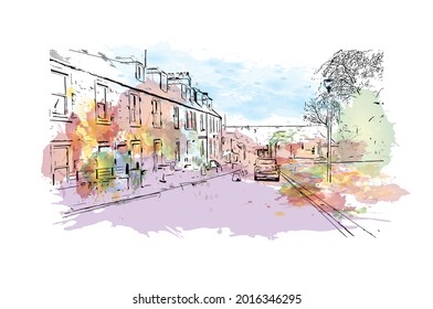 Building view with landmark of Inverness is a city in Scotland. Watercolor splash with hand drawn sketch illustration in vector.