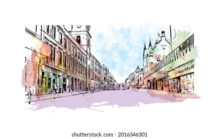 Building view with landmark of Inverness is a city in Scotland. Watercolor splash with hand drawn sketch illustration in vector.