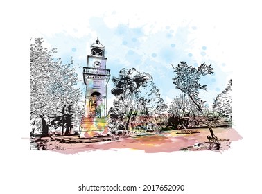 Building view with landmark of Ioannina is the 
city in Greece. Watercolor splash with hand drawn sketch illustration in vector.