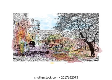 Building view with landmark of Ioannina is the 
city in Greece. Watercolor splash with hand drawn sketch illustration in vector.