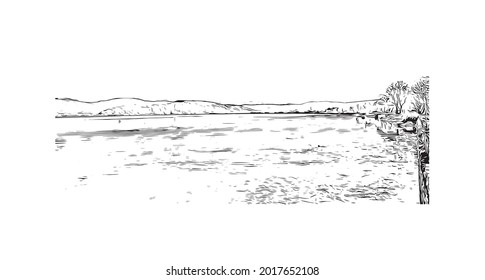 Building view with landmark of Ioannina is the 
city in Greece. Hand drawn sketch illustration in vector.