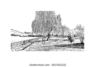 Building view with landmark of Ioannina is the 
city in Greece. Hand drawn sketch illustration in vector.