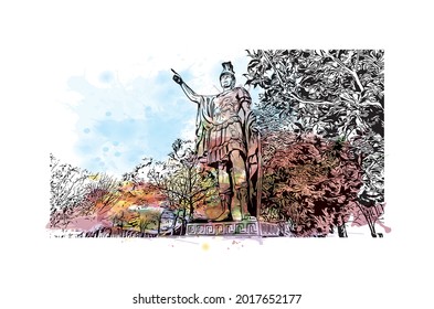 Building view with landmark of Ioannina is the 
city in Greece. Watercolor splash with hand drawn sketch illustration in vector.