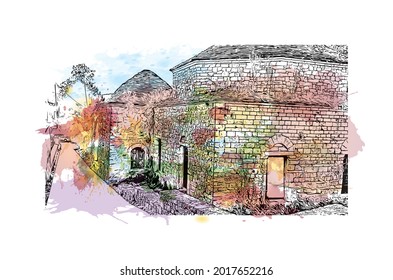 Building view with landmark of Ioannina is the 
city in Greece. Watercolor splash with hand drawn sketch illustration in vector.