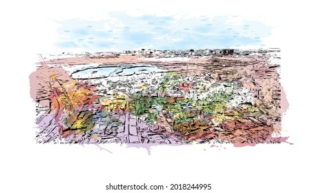 Building view with landmark of Irvine is a city in California. Watercolor splash with hand drawn sketch illustration in vector.