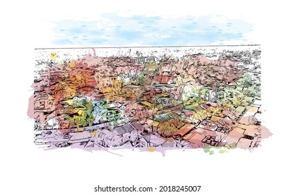 Building view with landmark of Irvine is a city in California. Watercolor splash with hand drawn sketch illustration in vector.